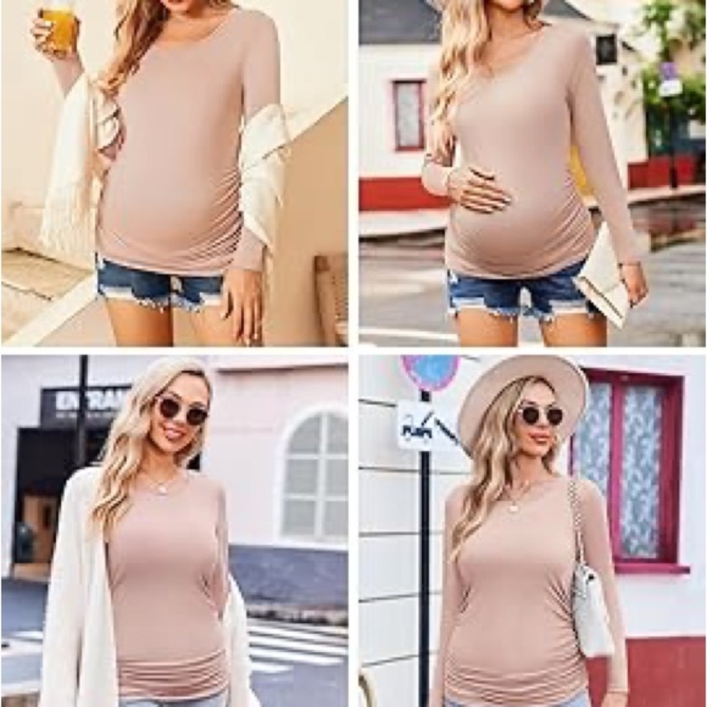 Sz M Ekouaer women’s maternity tunic long sleeve blouse round neck runched sides